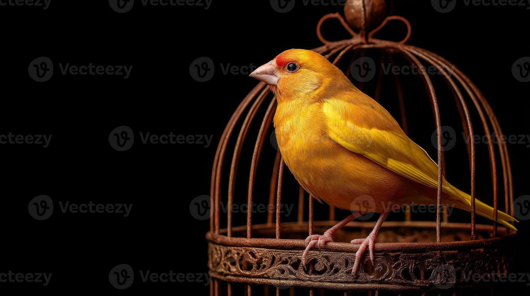 Vibrant Yellow Bird in Ornate Vintage Cage with Dark Background Capturing Nature's Beauty and Delicate Details photo