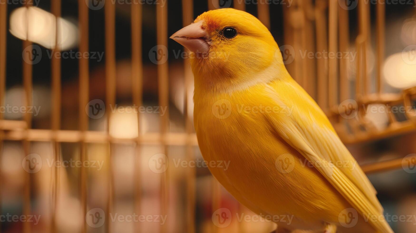 Close-up of a Bright Yellow Canary Perched in a Cage with Soft Background and Bokeh Effect for Nature and Pet Themes photo