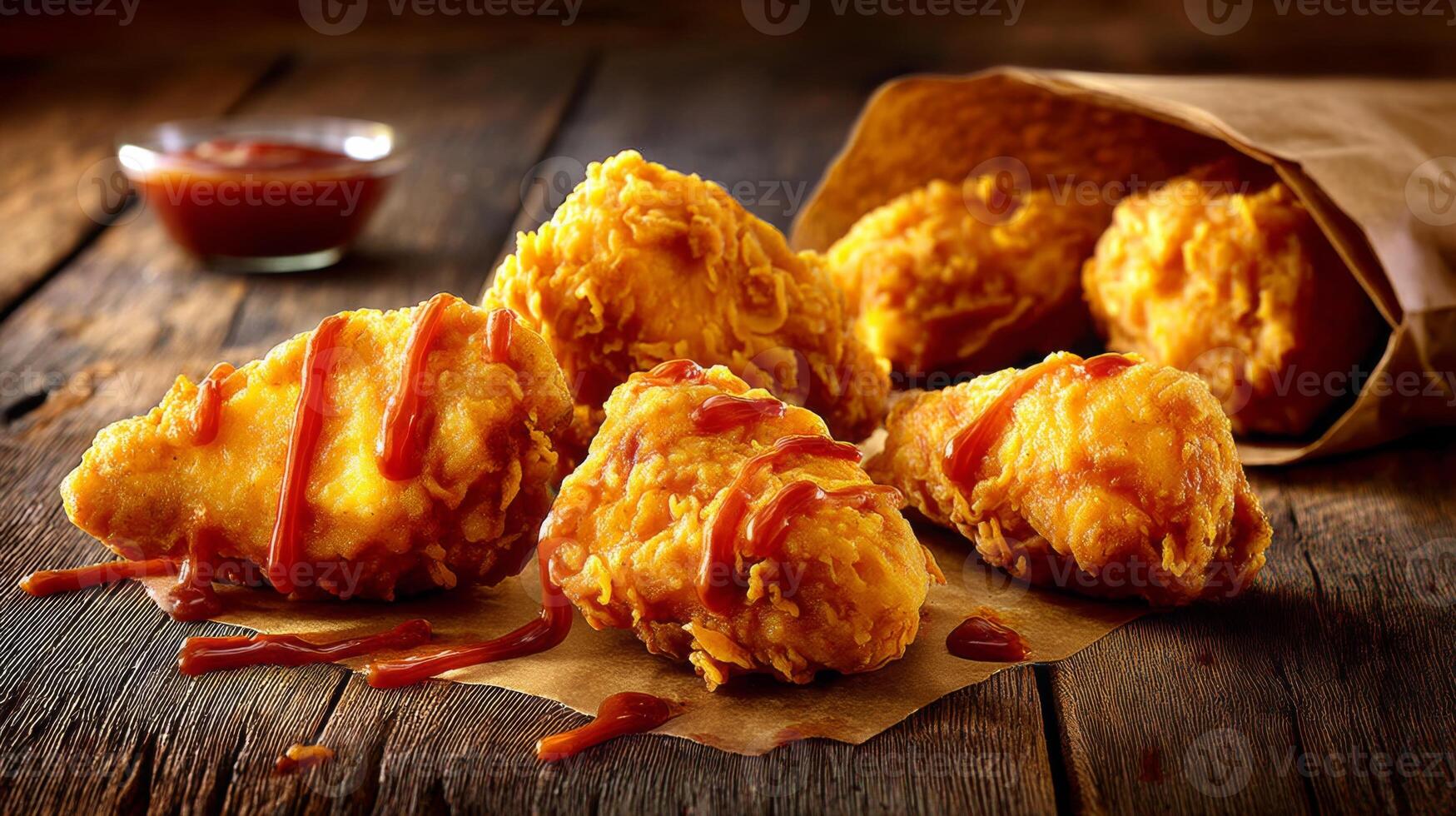 Crispy Fried Chicken Pieces with Tangy Sauce on Rustic Wooden Table Surrounded by Paper Bag and Sauce Dish photo