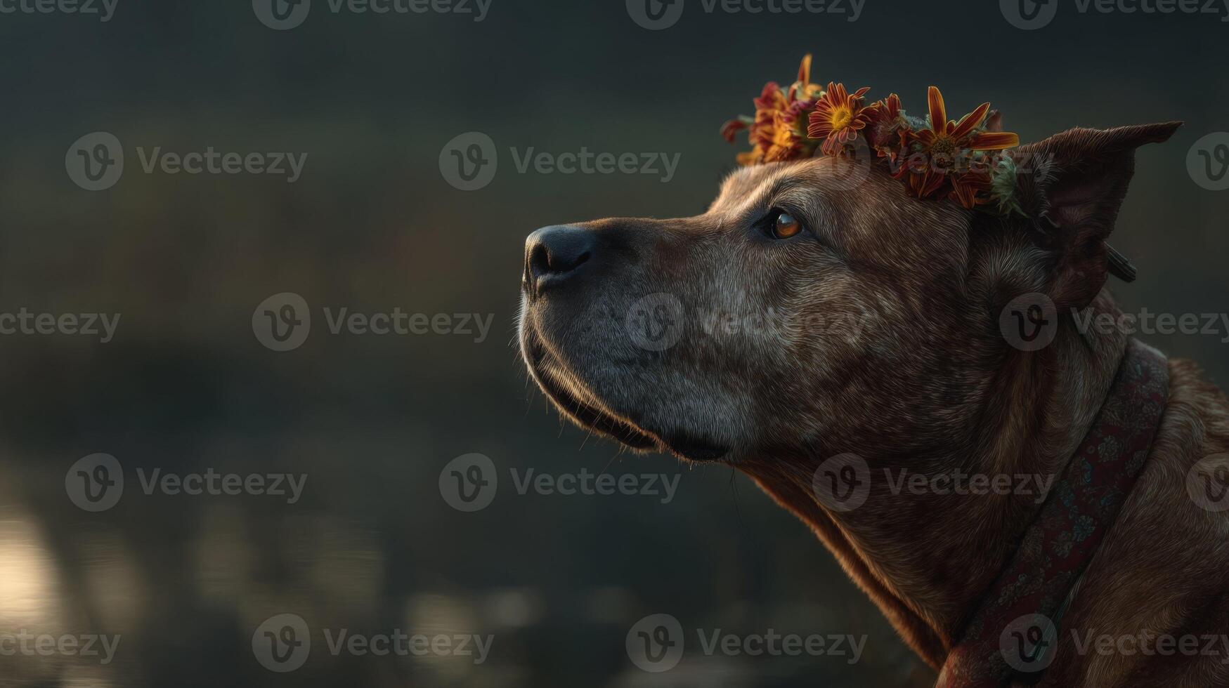 Brown dog wearing flower crown gazes thoughtfully into the distance in serene outdoor setting with soft evening light photo