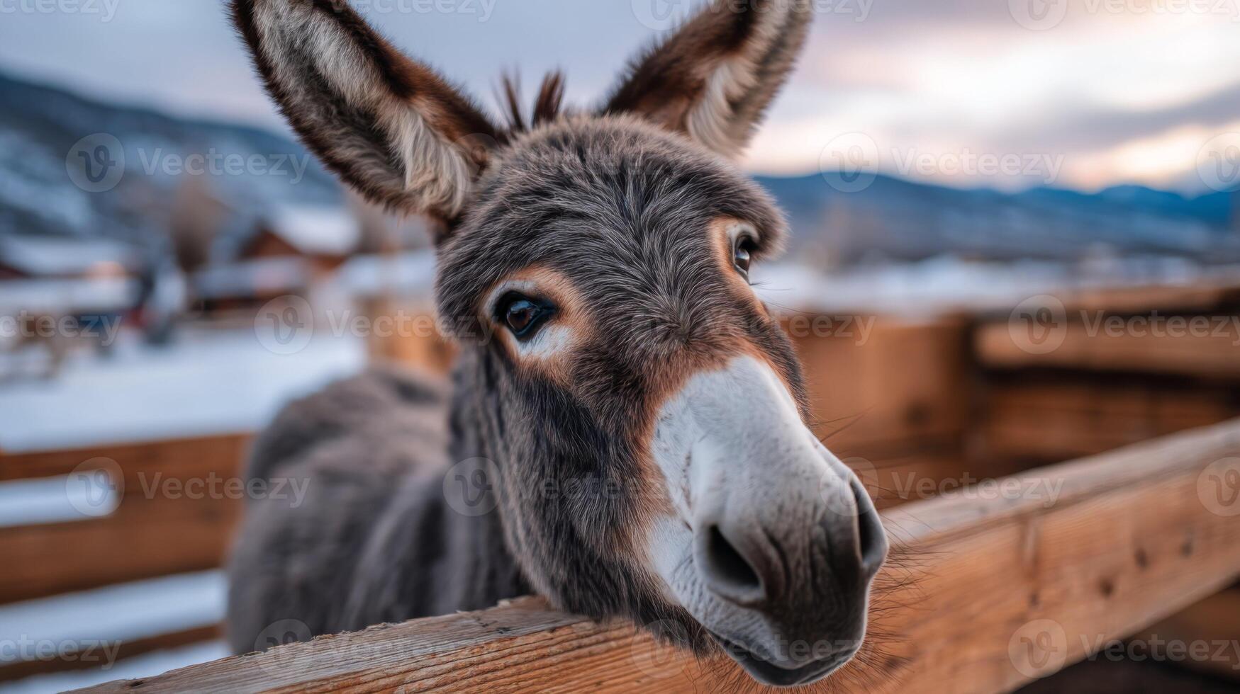 Adorable donkey portrait with expressive eyes in a rustic barn setting at sunset in a snowy landscape photo