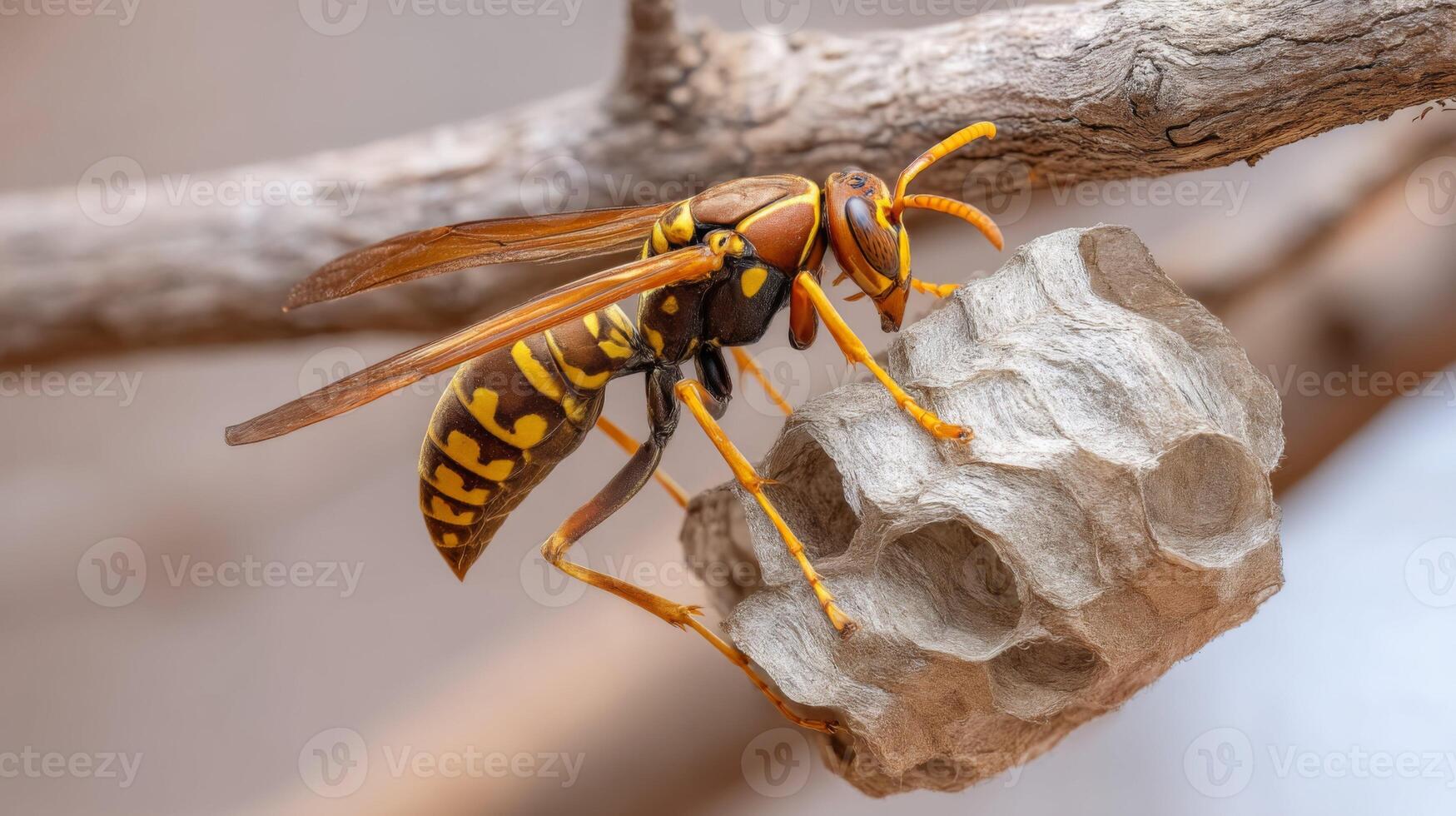 Close-Up View of a Yellow and Brown Insect on a Tree Branch with Unique Nest Structure in Nature photo