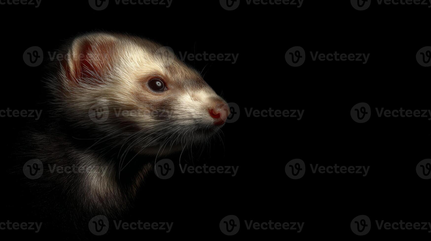 Close-Up Portrait of a Ferret Against a Dark Background Highlighting Textures and Details of Its Fur and Features photo
