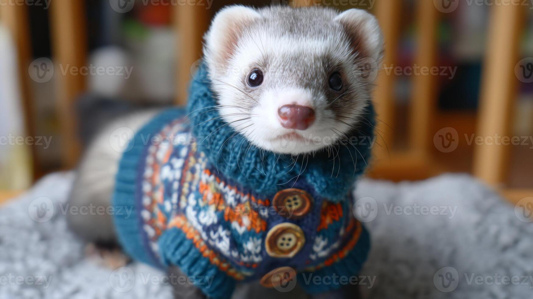 Cute ferret wearing a cozy sweater with buttons in a warm indoor setting surrounded by soft textures and colorful backgrounds photo