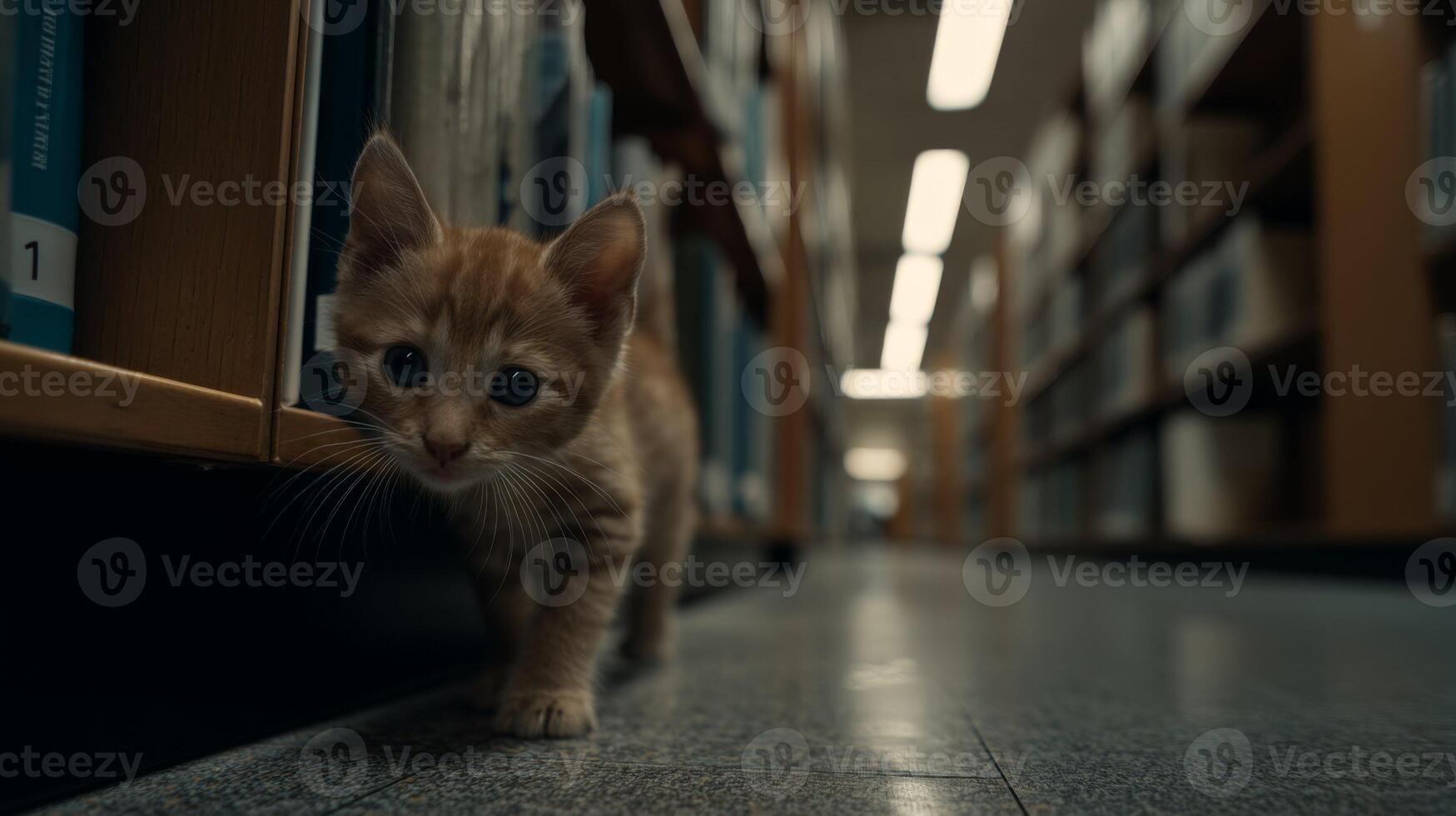 Curious ginger kitten exploring quiet library aisle between shelves filled with books in serene environment photo