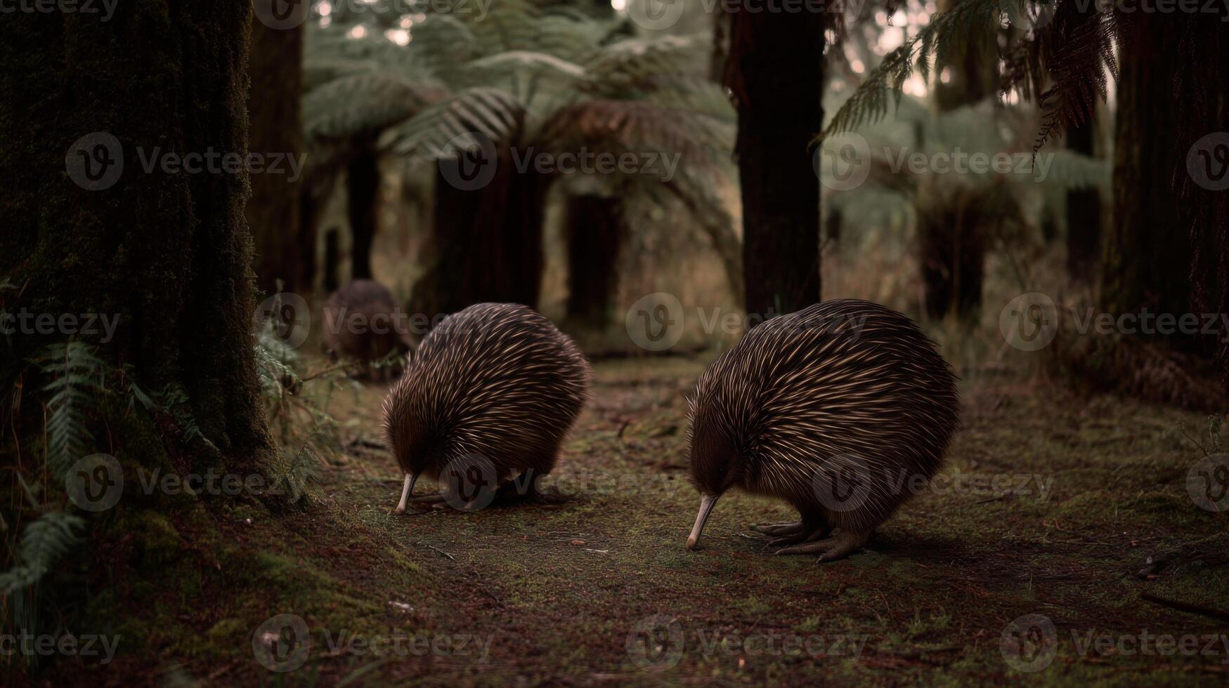 Two echidnas foraging in a lush forest, surrounded by ferns, under soft lighting during dusk in a serene natural habitat photo