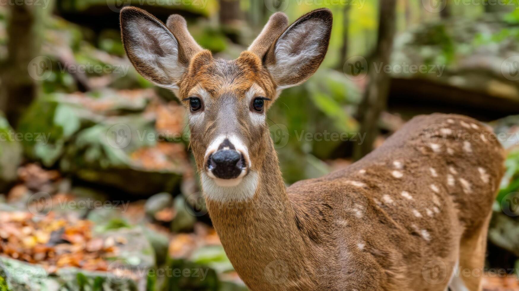 Close-Up of a Young Deer Staring Curiously in a Forest with Rocky Terrain and Vibrant Green Foliage Surrounding It photo