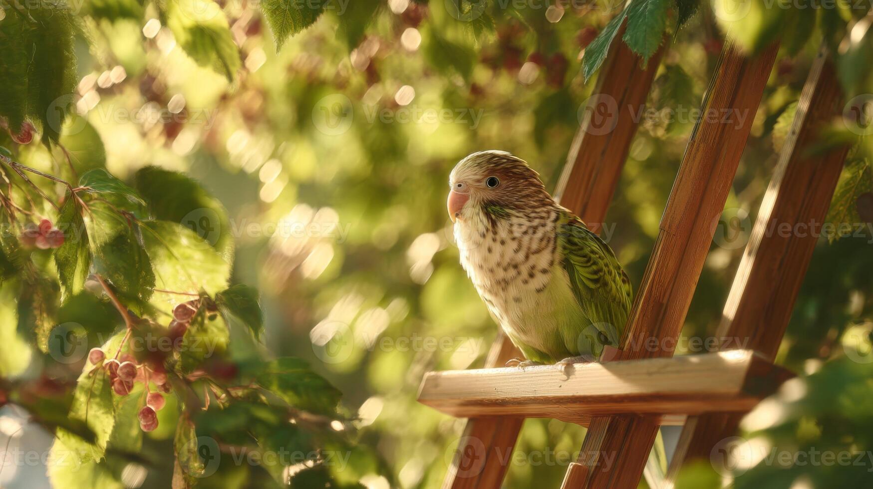 Green Parakeet Perched on Wooden Ladder Surrounded by Lush Green Leaves and Soft Sunlight in Nature Setting photo