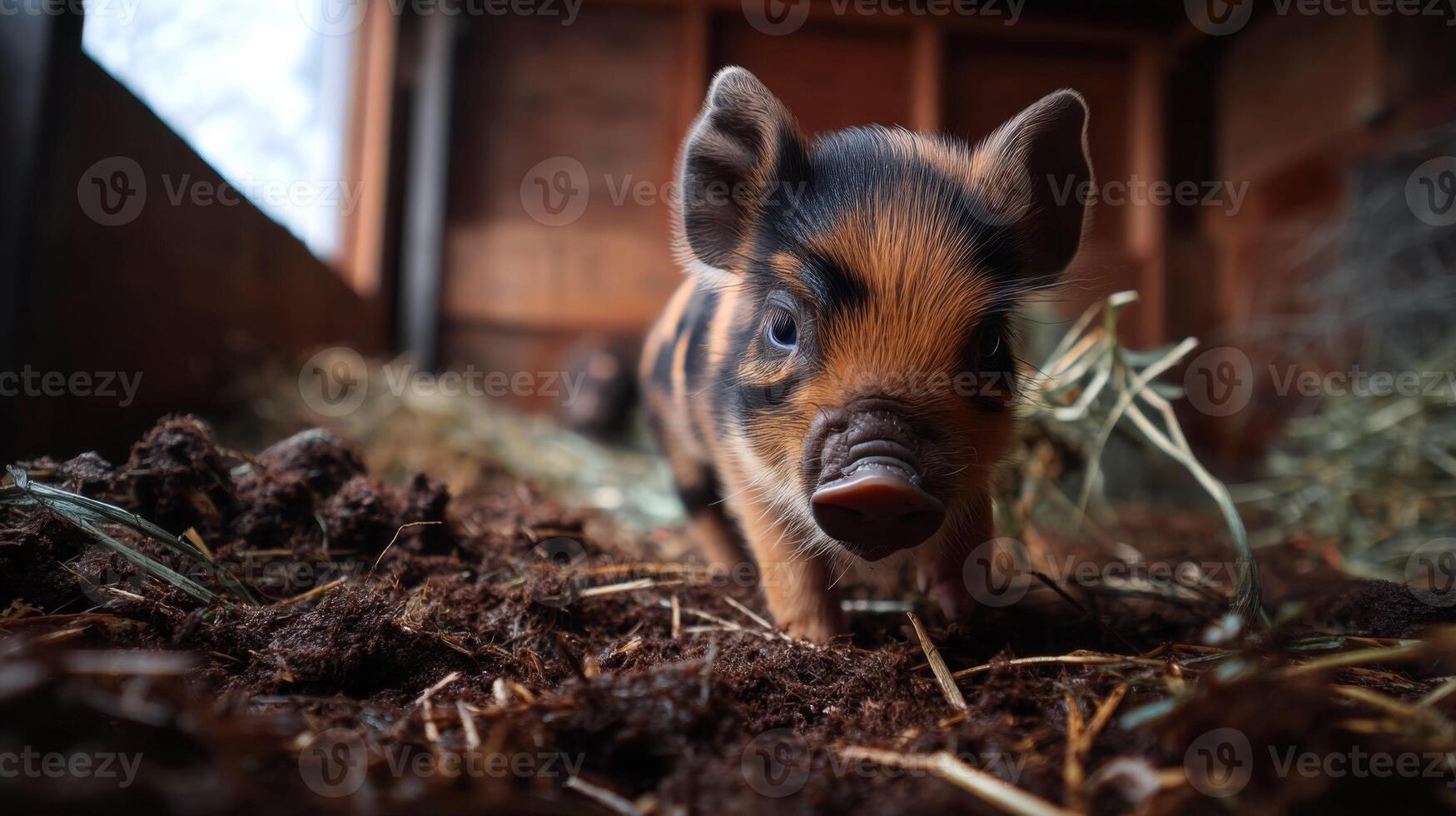 Adorable Piglet Exploring Its Cozy Farm Environment with Hay and Straw in a Rustic Barn Setting photo