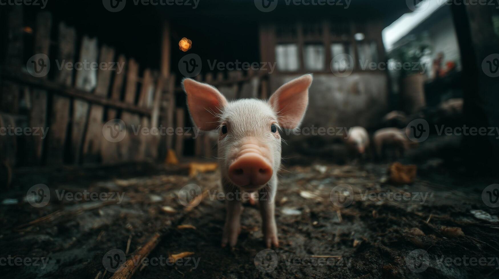 Adorable Piglet Standing on Farm Ground with Rustic Background Surrounded by Fenced Area and Fellow Animals in Soft Light photo