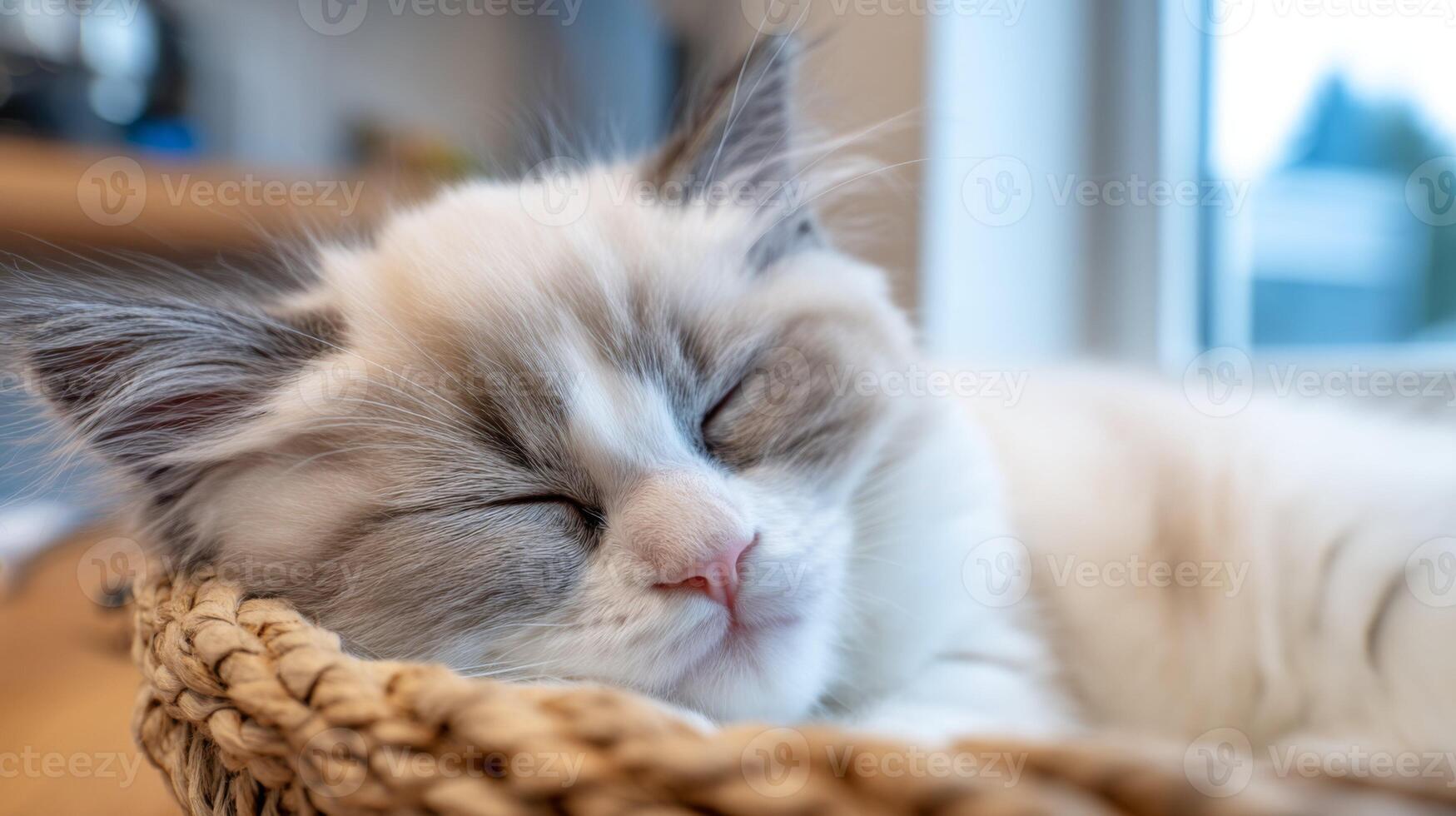 Serene Sleeping Cat Resting Comfortably in a Cozy Woven Basket near Window with Soft Natural Light photo