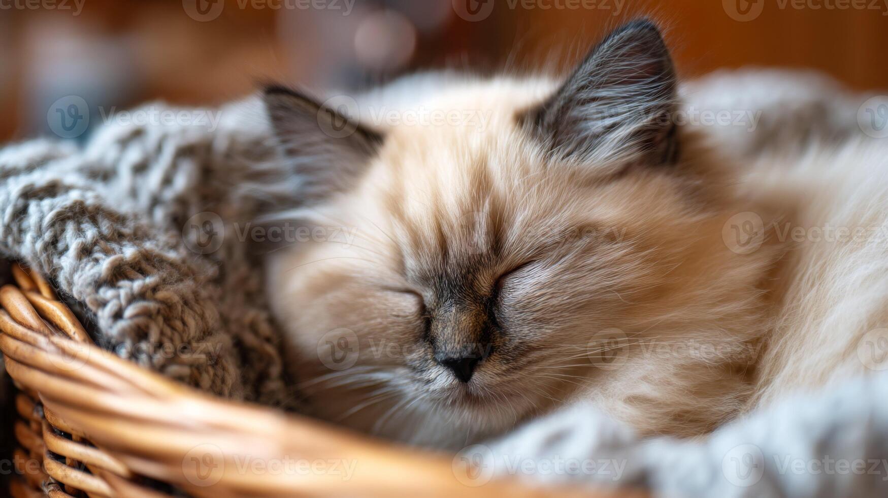 Fluffy cream-colored cat sleeping peacefully in a cozy woven basket with soft blankets and a warm ambient background photo