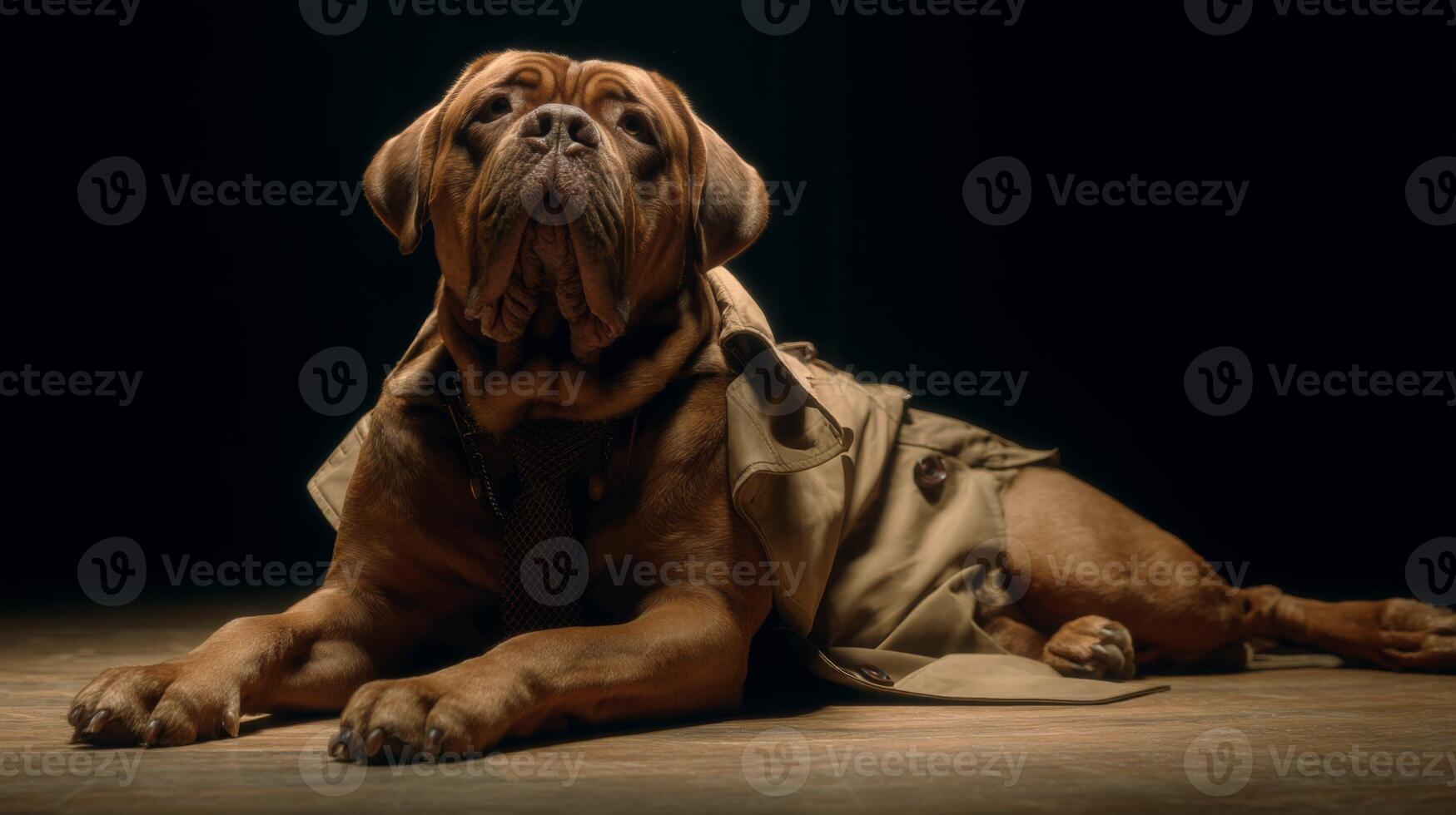 Detective Dog in Vintage Trench Coat Posing Elegantly with Serious Expression in Dark Studio Setting photo