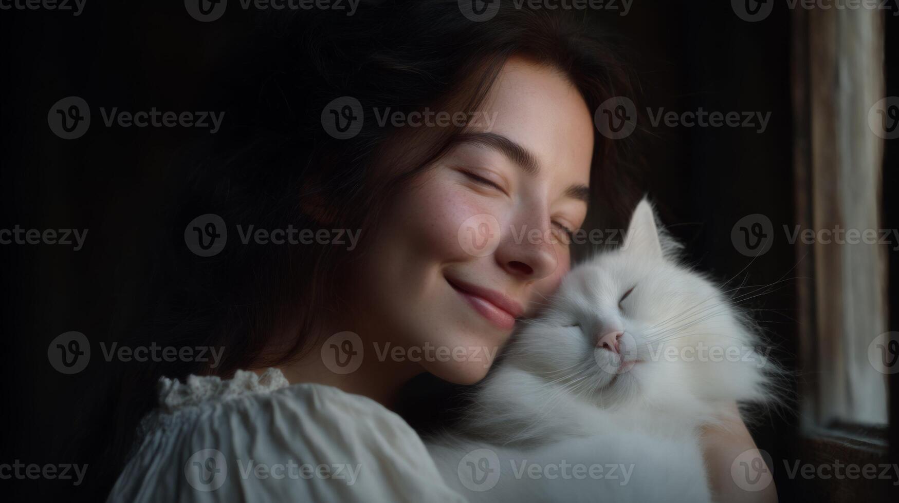 Young woman happily embracing fluffy white cat in a serene indoor setting with soft natural light and warm atmosphere photo