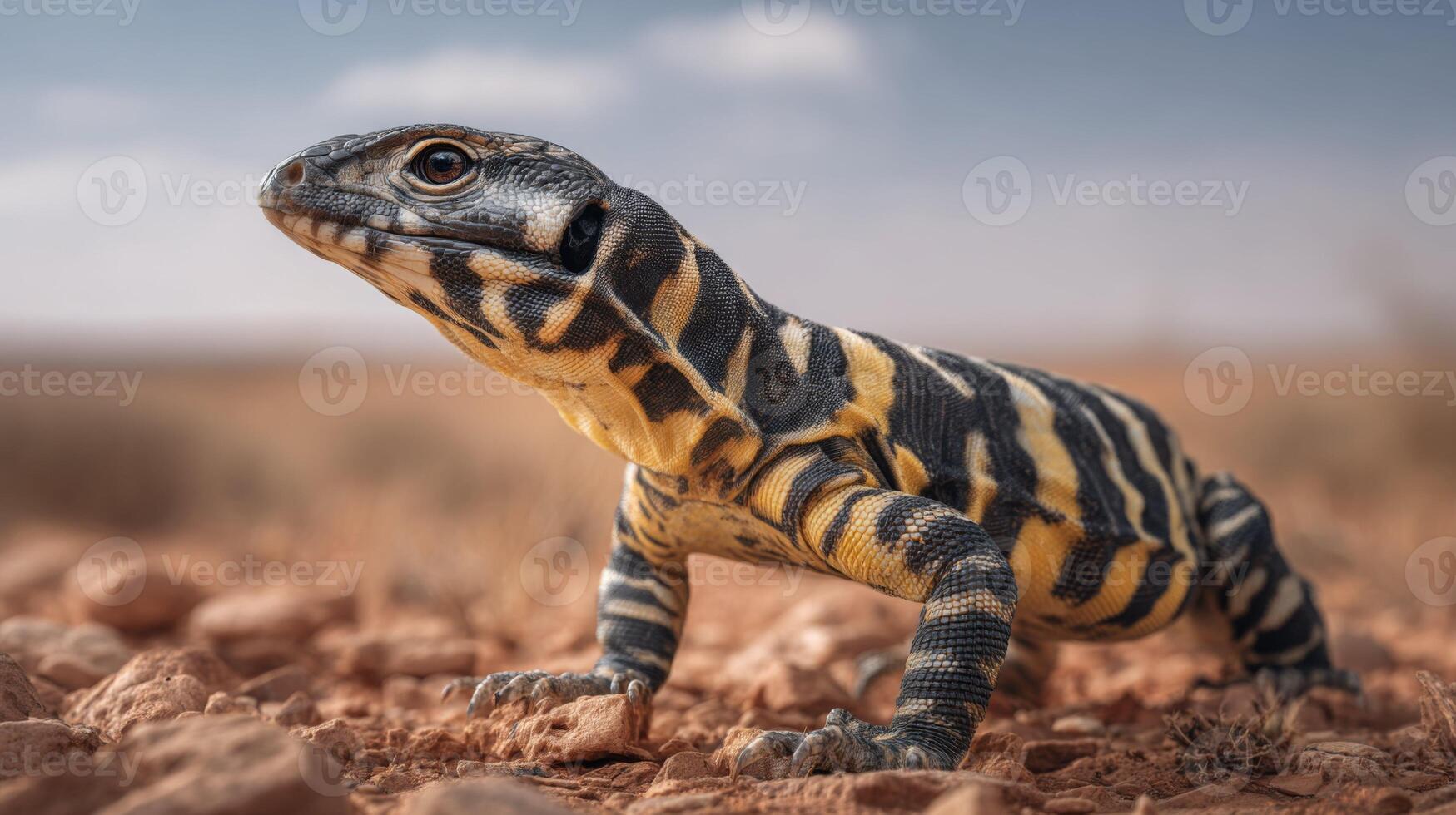 Beautiful close-up of a striped lizard basking on rocky terrain under a clear blue sky in a natural desert environment photo