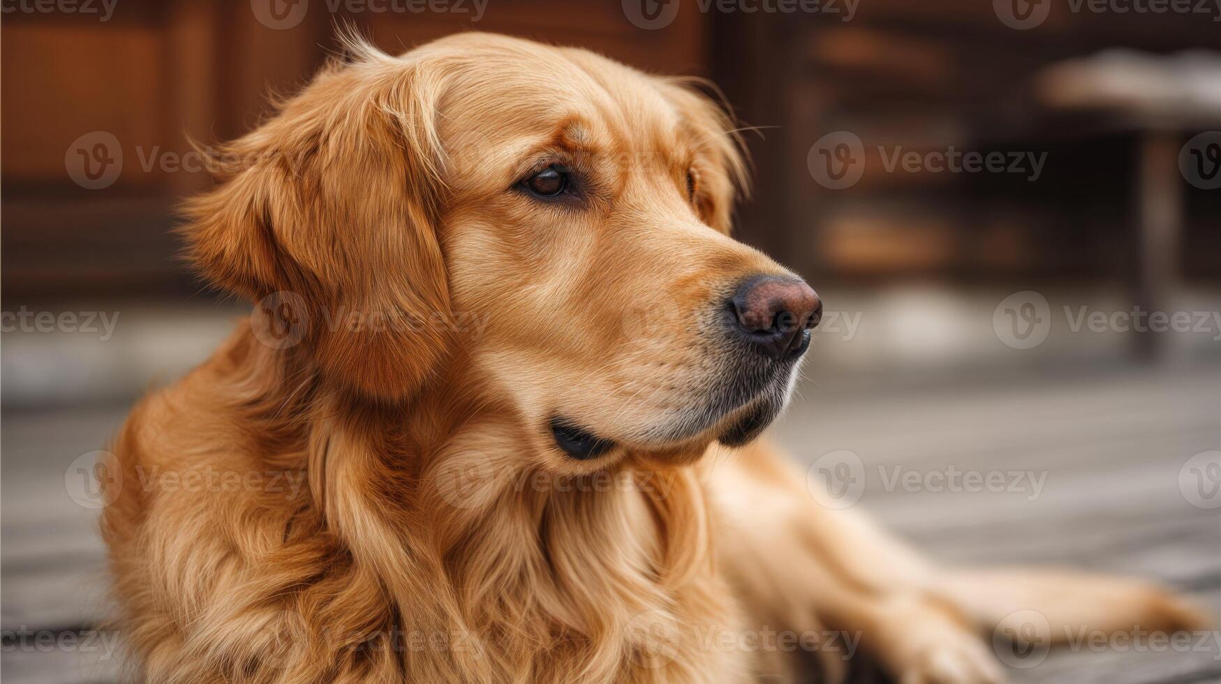 Golden retriever resting calmly on wooden deck, warm sunlight illuminating soft fur and gentle expression, serene pet portrait photo