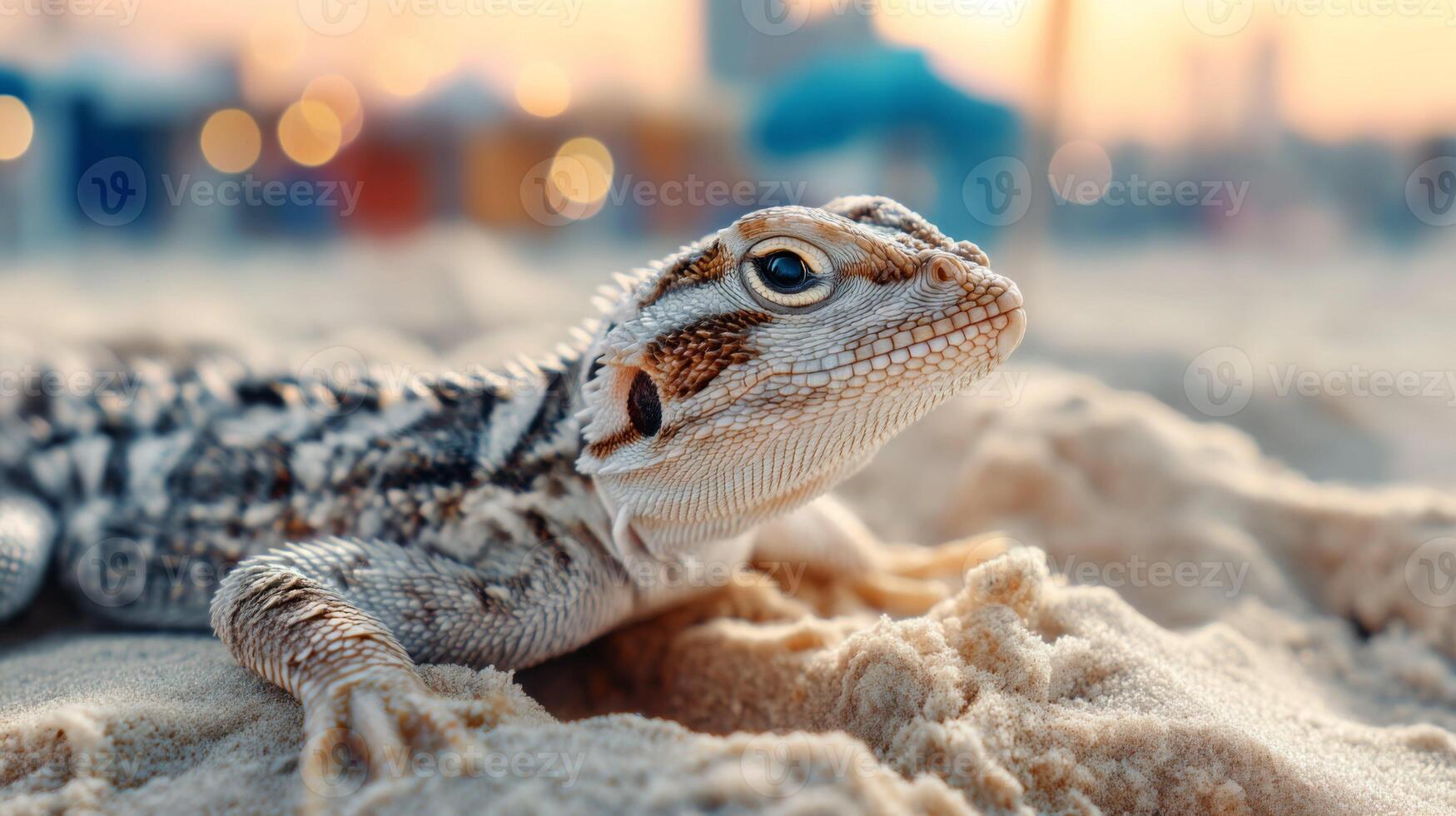 Lizard Resting on Sandy Beach with Soft Bokeh Background during Sunset Hours Offering Peaceful Natural Scene photo