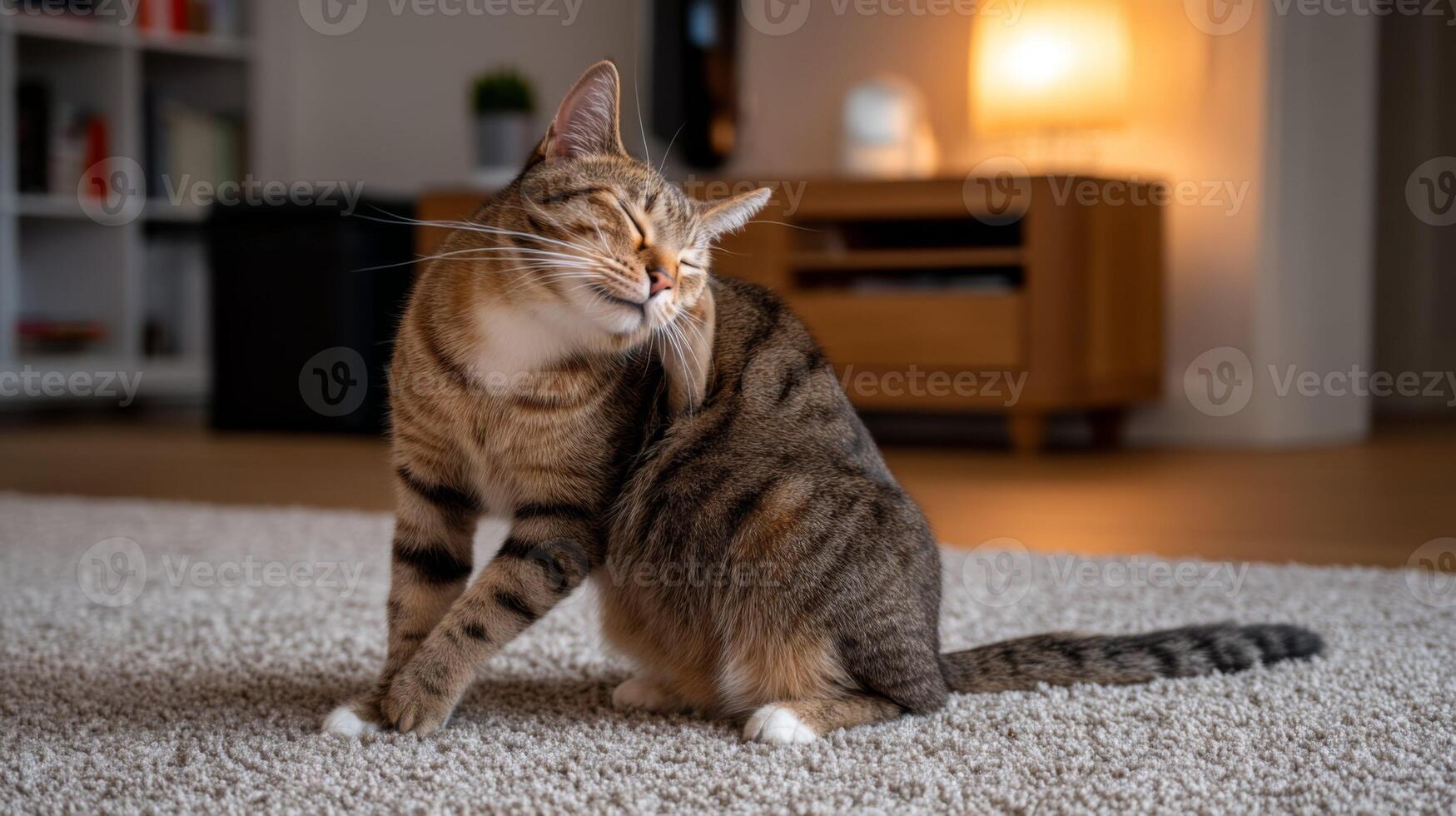 Domestic Cat with Striped Fur Grooming Itself in a Cozy Living Room Setting during Evening Relaxation Time photo