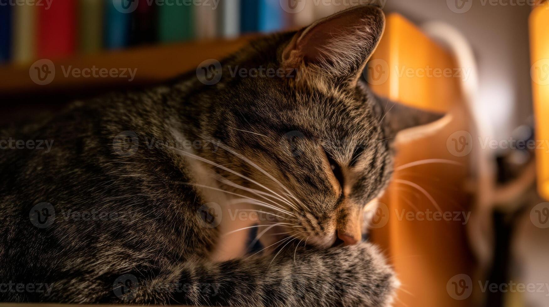 Close-up of a peaceful tabby cat grooming its paw in a cozy indoor setting with warm lighting and a blurred background photo