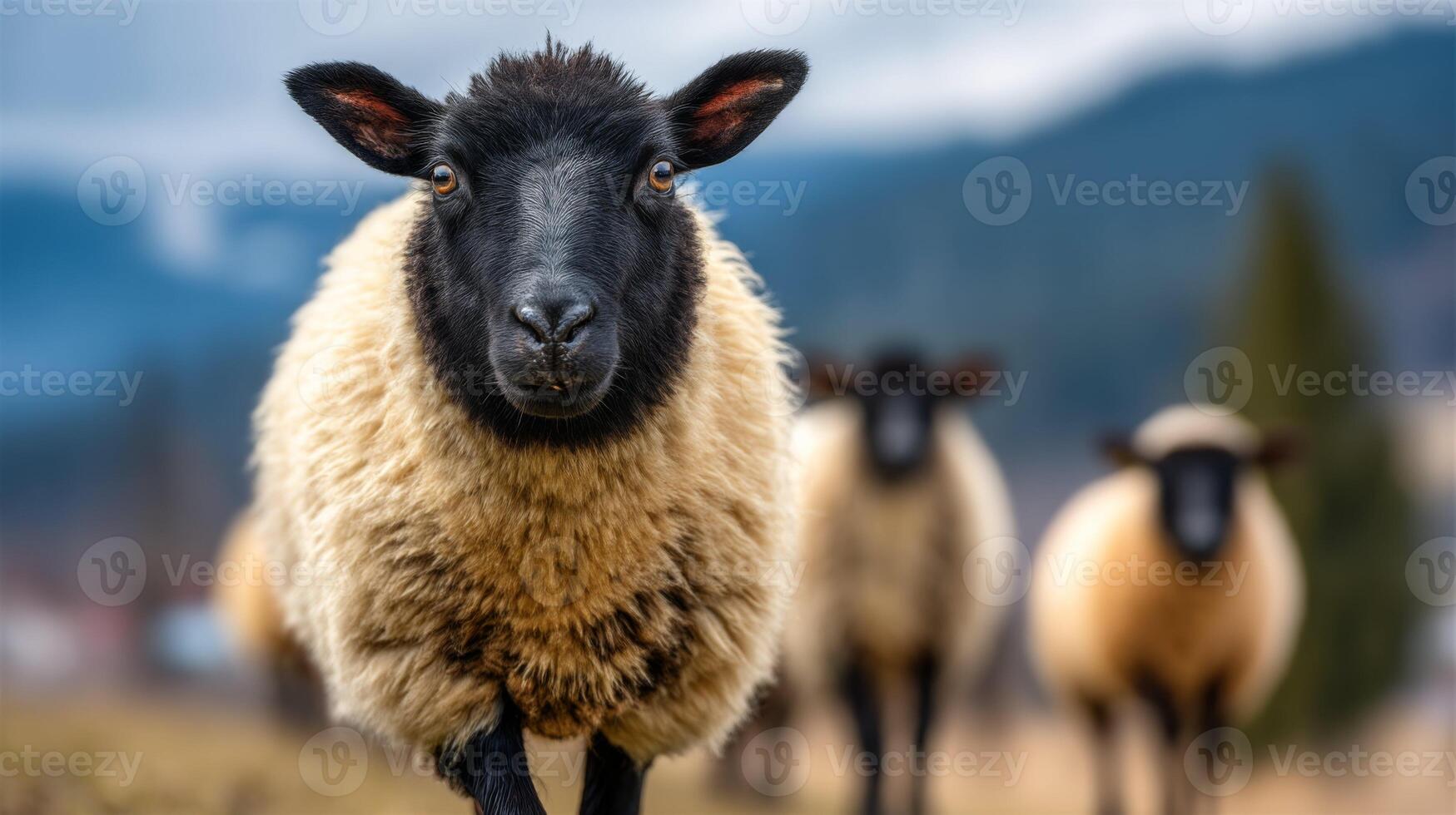 Close-up of a curious black-faced sheep in a picturesque pastoral landscape with blurred flock in the background photo