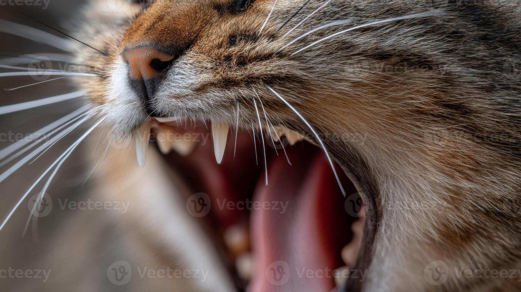Close-Up of a Domestic Cat Yawning with Sharp Teeth and Vibrant Fur Texture in Natural Light photo