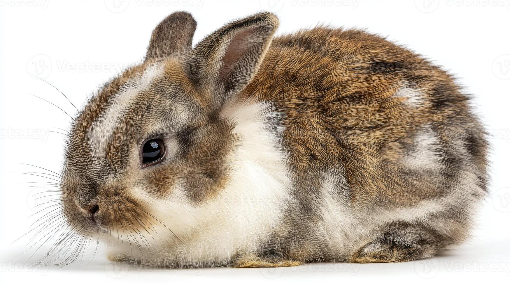 Cute fluffy rabbit with a speckled coat sitting calmly against a white background, perfect for pet and animal photography collections photo