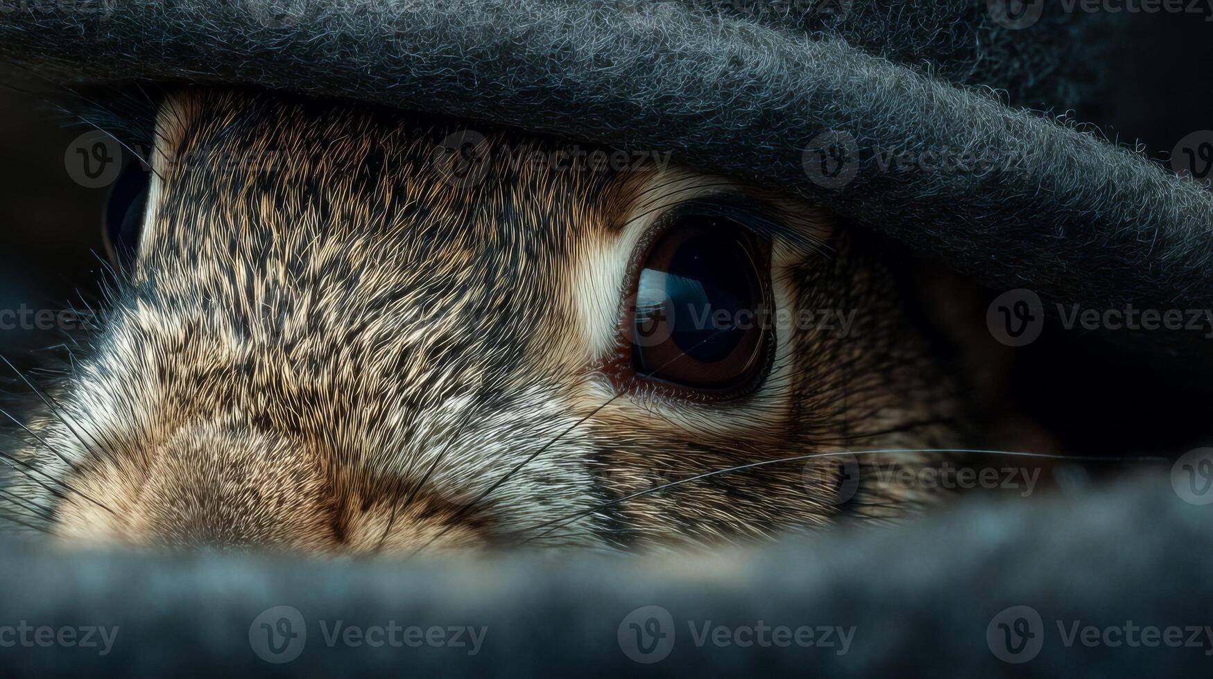Close-up of a Rabbit Peeking from Under a Wool Hat with Intricate Fur Patterns and Warm Brown Eyes photo