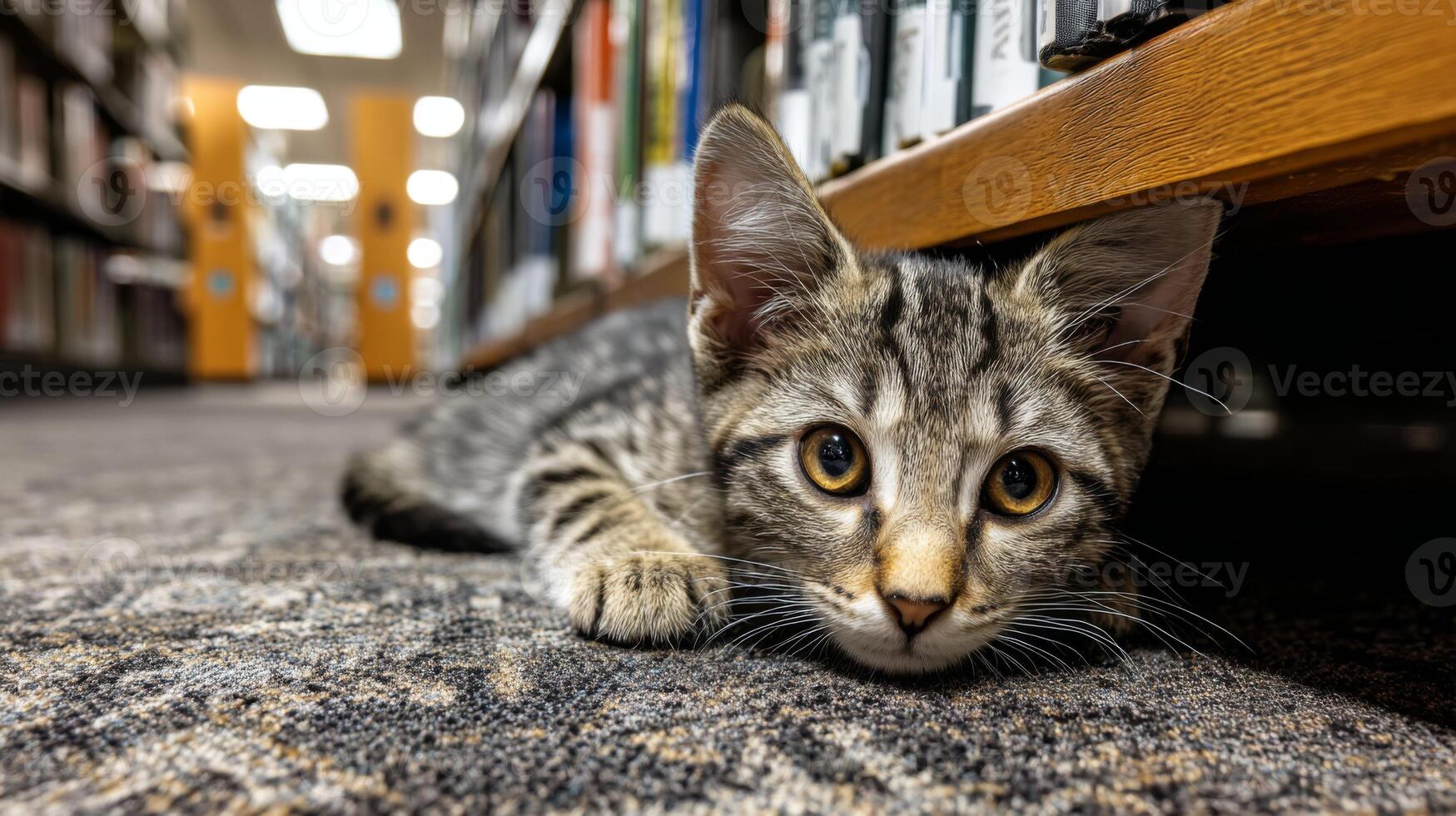 Curious Tabby Cat Resting in Library Aisle Surrounded by Books and Shelves, Captivating Expression and Cozy Environment photo