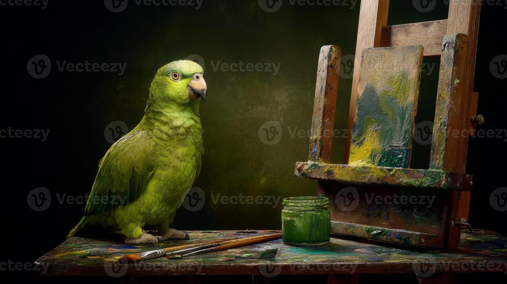Creative Green Parrot with Artist Tools on Painting Easel in an Artistic Setting photo