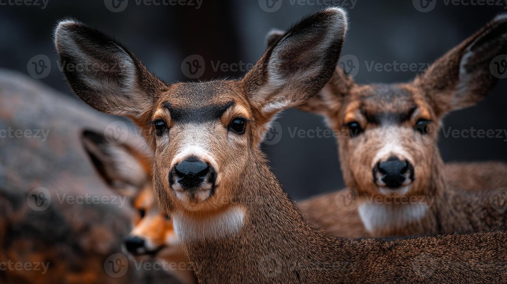 Group of alert deer with soft fur and large ears standing in natural habitat under soft, diffused light in tranquil forest setting photo