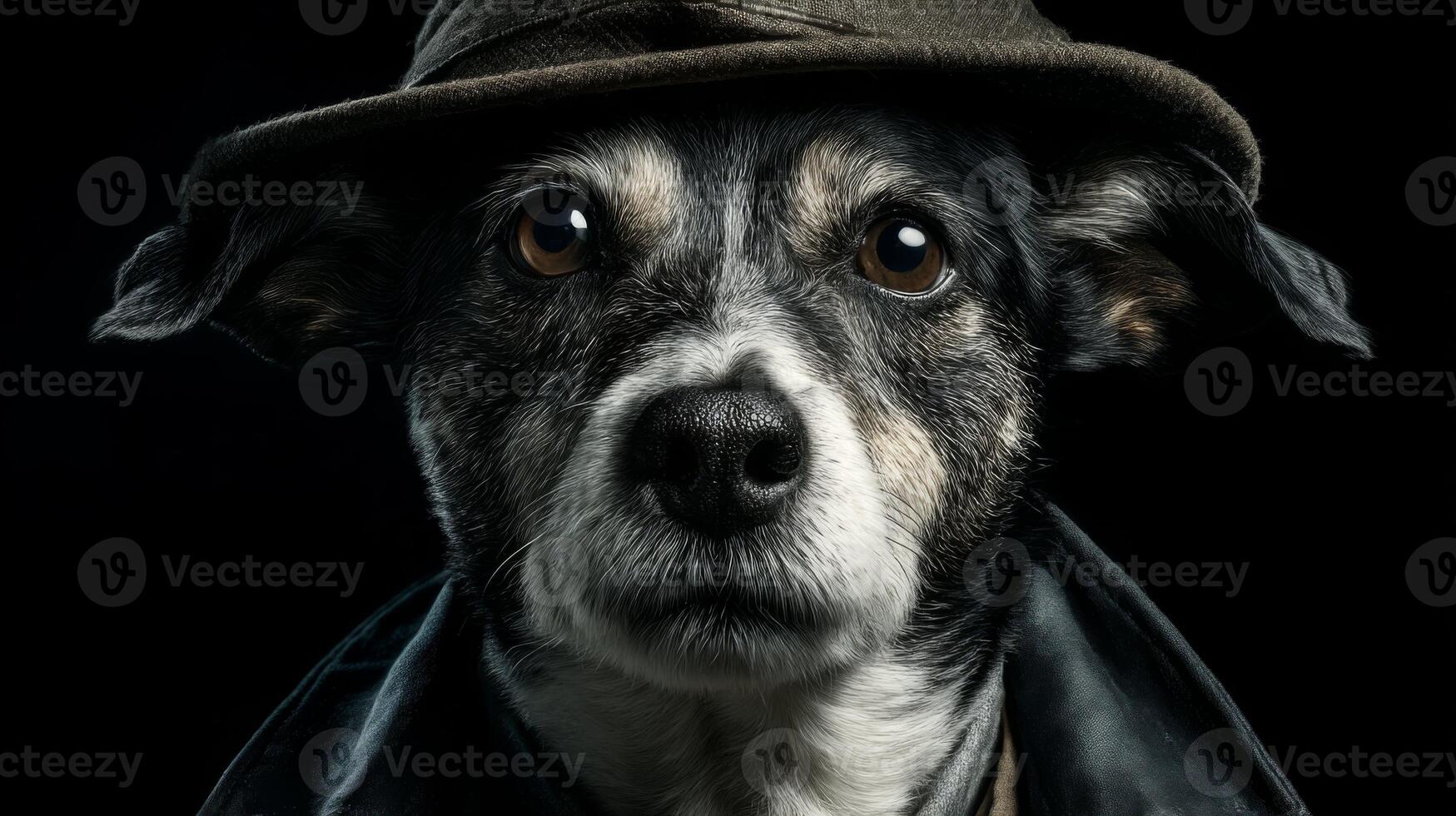 Thoughtful Dog in Hat with Intense Expression Against Dark Background, Perfect for Pet Lovers and Animal Enthusiasts photo