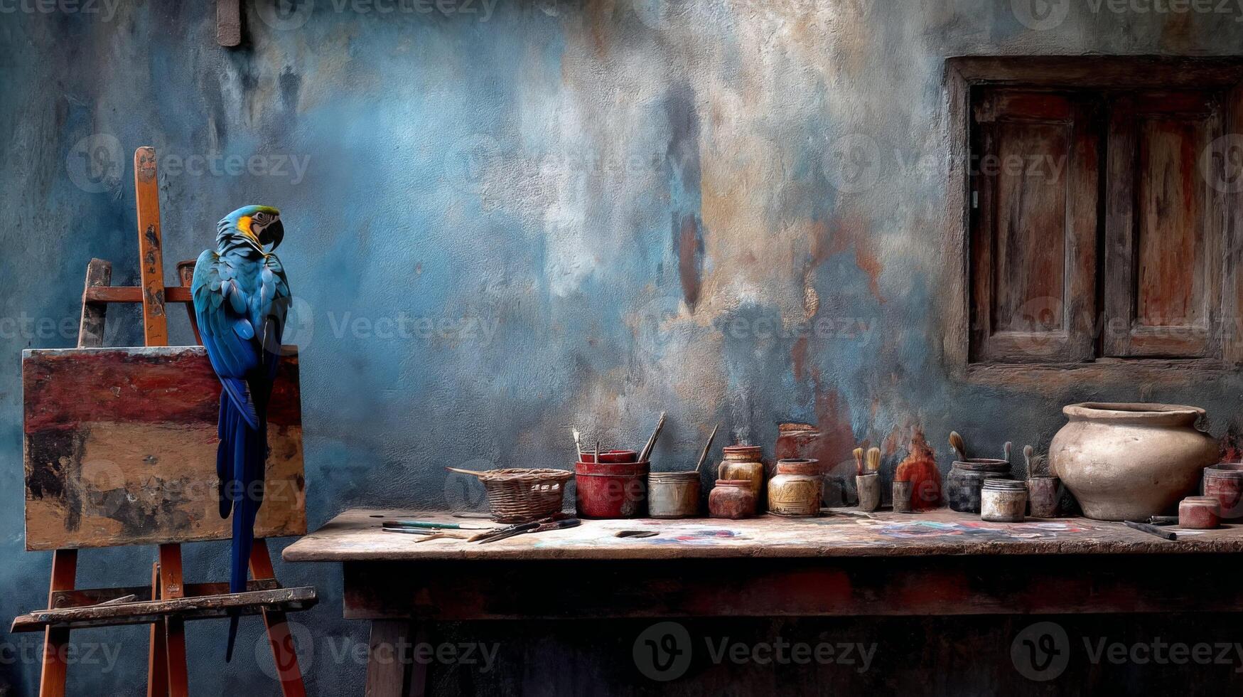 Colorful macaw perched on artist easel in vibrant studio with paint pots and rustic decor photo