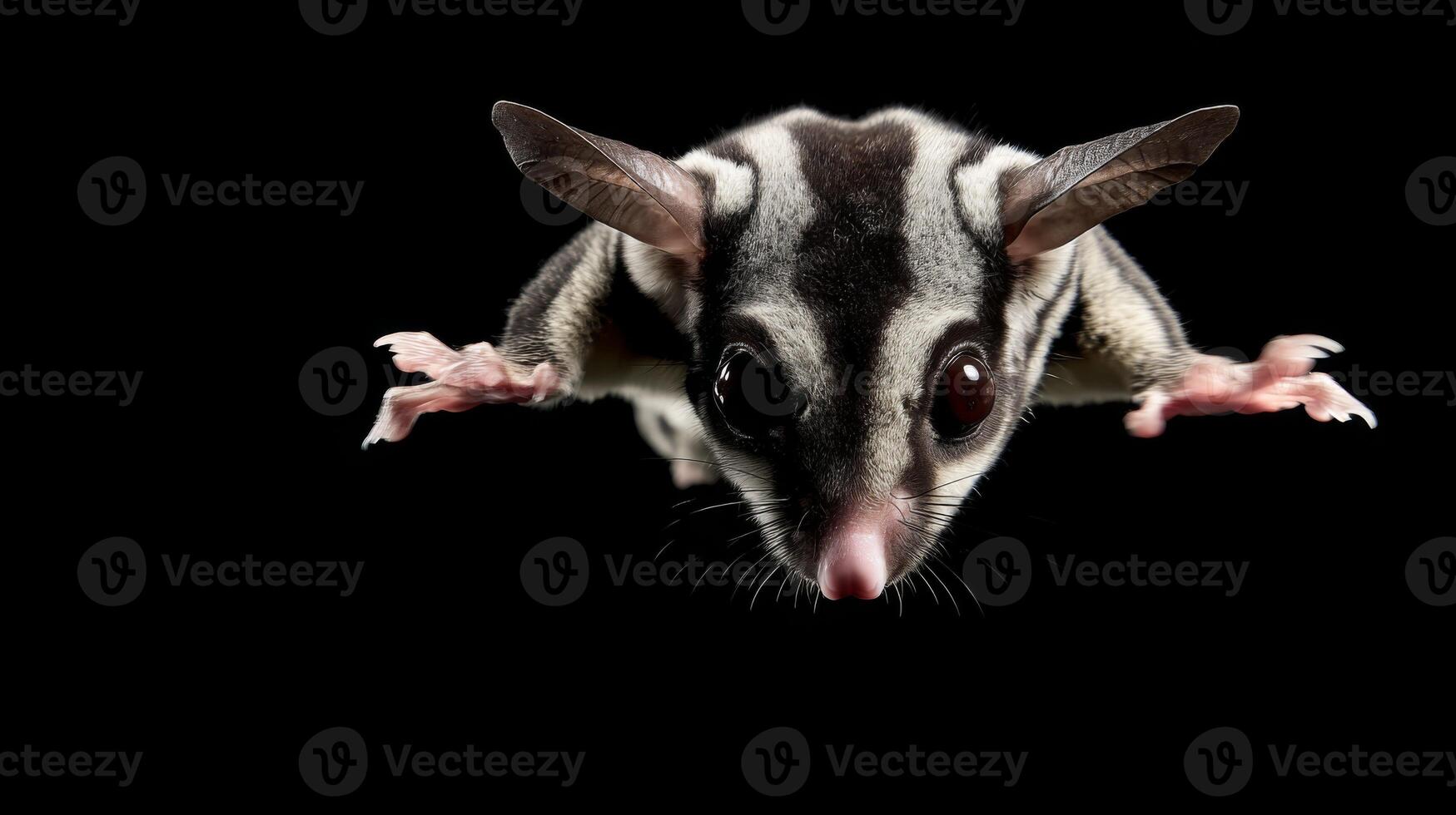 Close-Up of a Sugar Glider with Large Eyes and Prominent Ears in a Dramatic Flight Pose Against Black Background photo