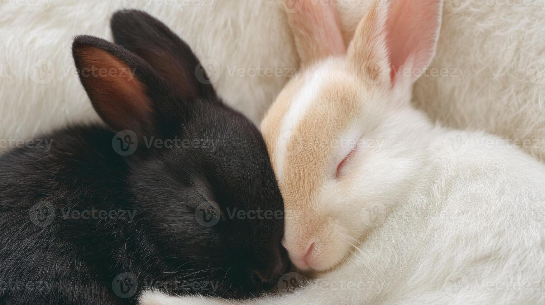 Adorable Black and White Rabbits Snuggling Together in a Cozy, Soft Environment for a Serene and Peaceful Vibe photo