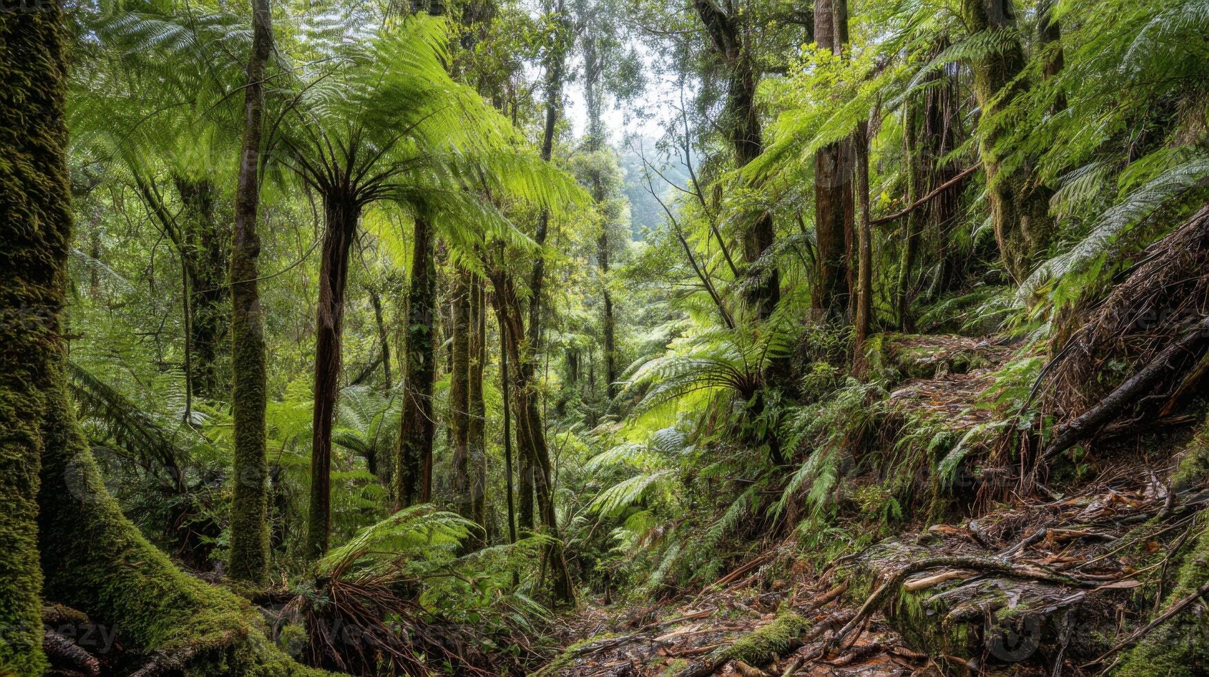 Lush Green Forest Pathway Surrounded by Towering Ferns and Ancient Trees Under a Bright Blue Sky in a Vibrant Ecosystem photo