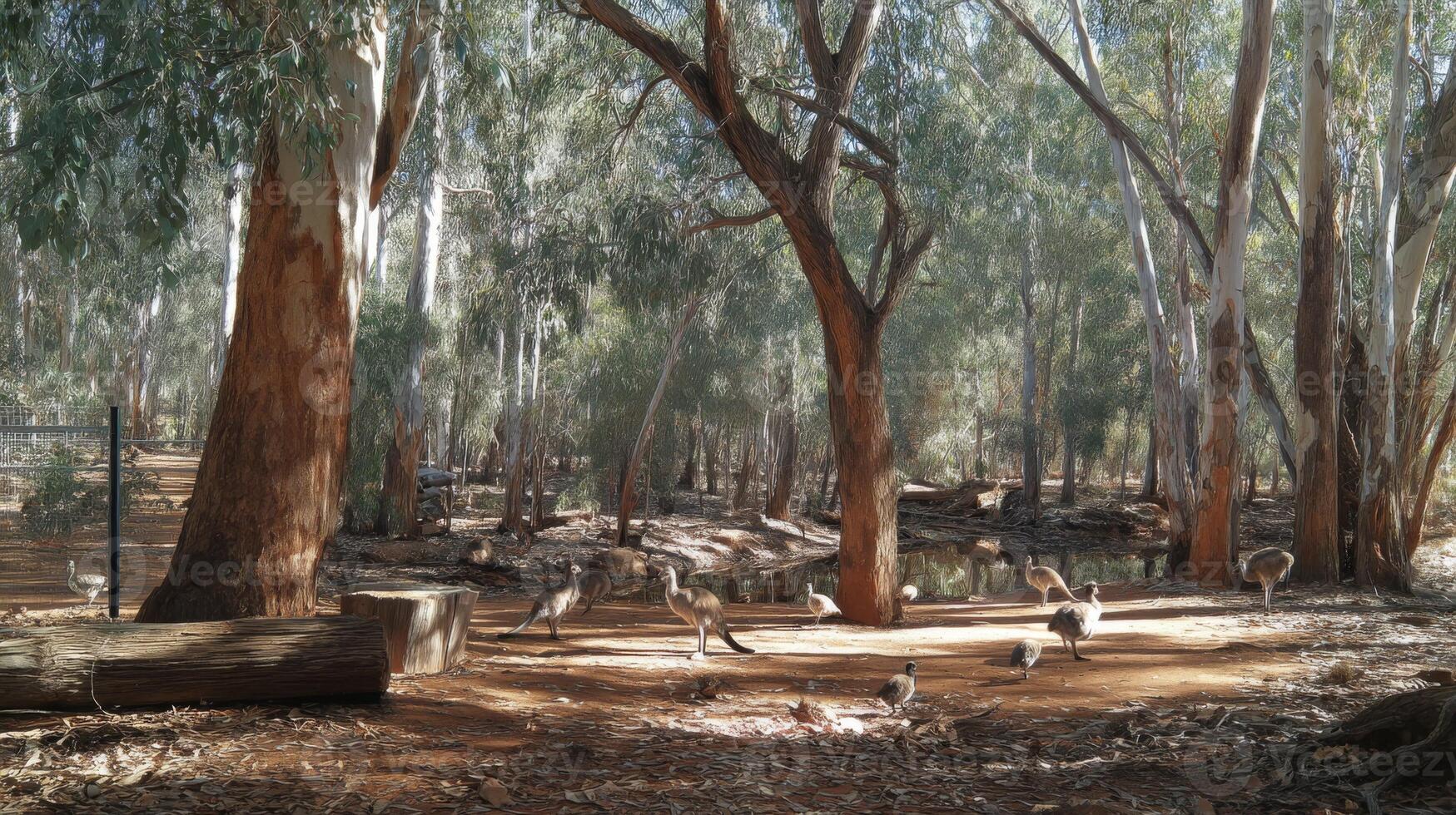 Serene Landscape with Eucalyptus Trees and Wildlife in a Natural Australian Setting, Captivating Nature Scene of Peaceful Habitat photo