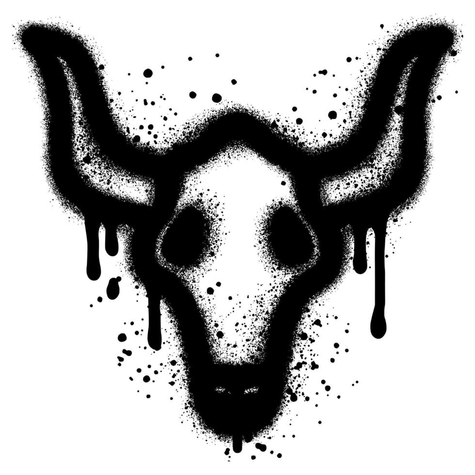 Illustration of a bull s head with big horns. The bull s head is depicted in graffiti style, spray painted in black. vector