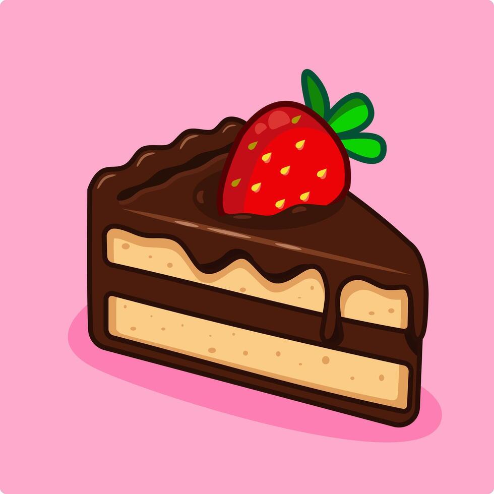 Slice Chocolate Melting Cake with Strawberry Topping Illustration Cartoon Design vector