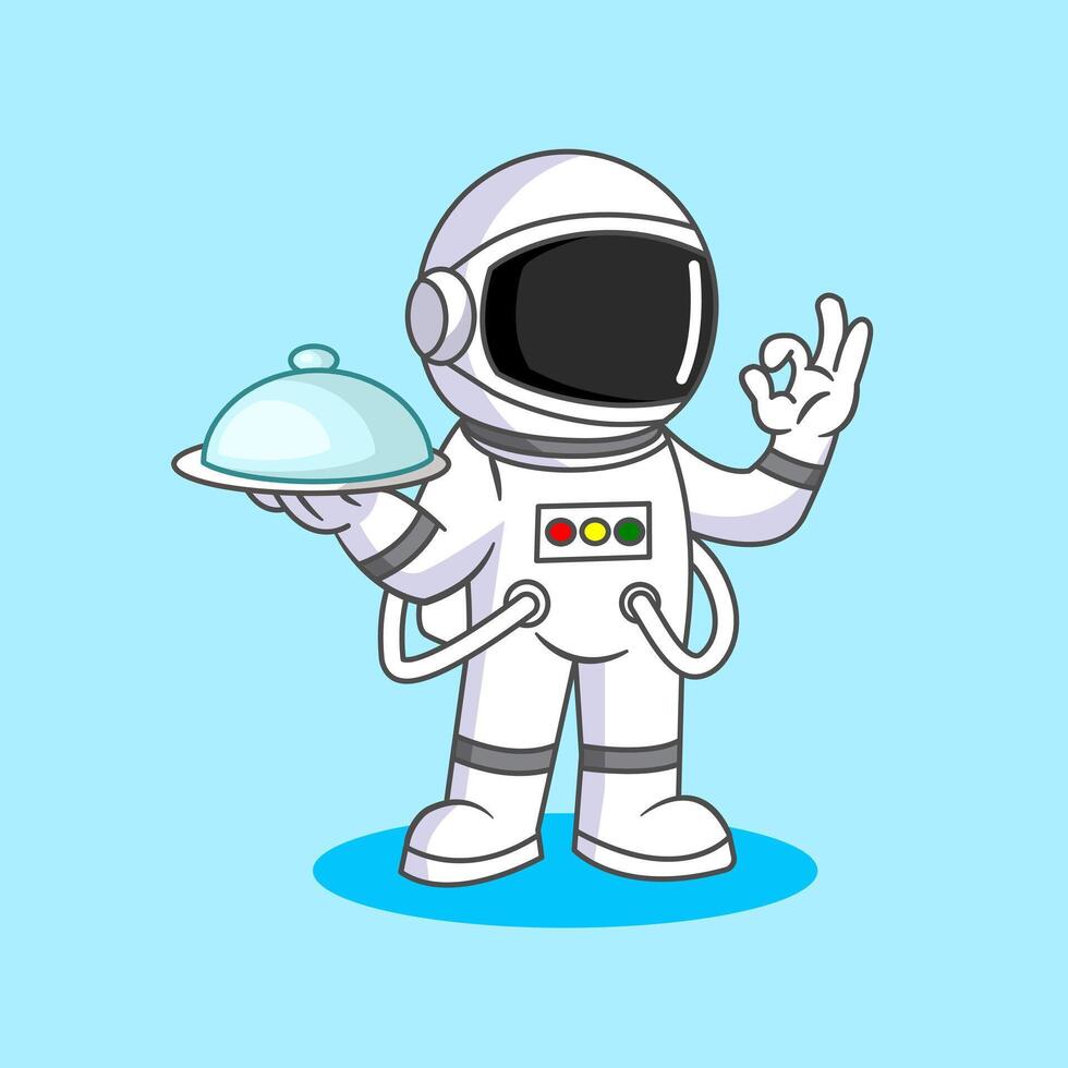 Cute Chef Astronaut Serving Food in Space Illustration Cartoon Design vector