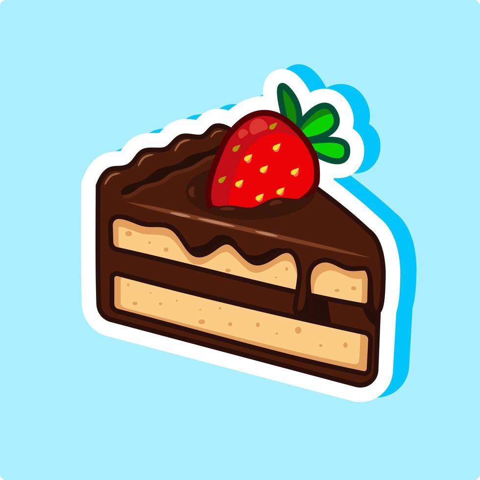 Sticker of Slice chocolate cake with strawberry Illustration Cartoon Design vector