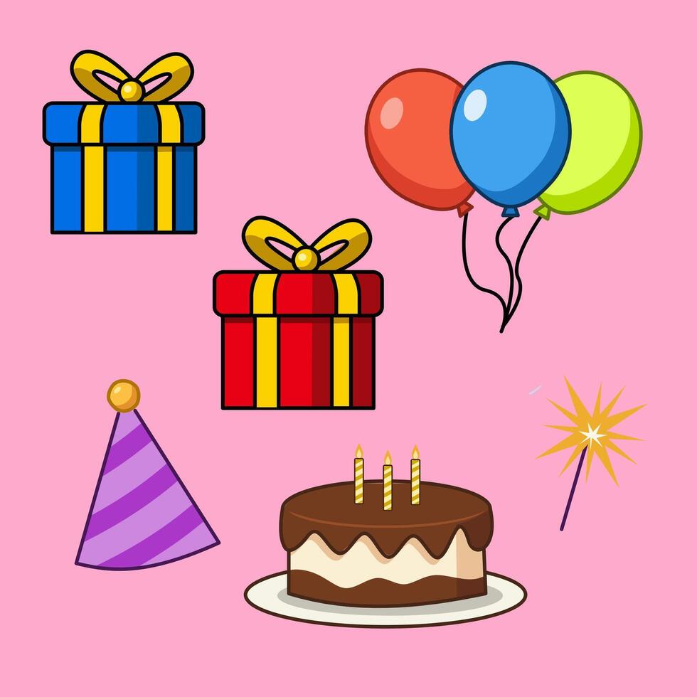 Set of Elements Birthday Party Illustration Cartoon Flat Design vector