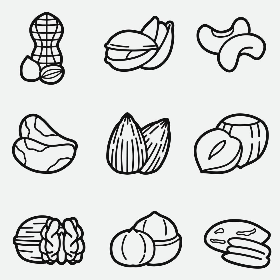 set of nuts with outline style good for symbol, icon, element design, coloring book, coloring page, etc vector