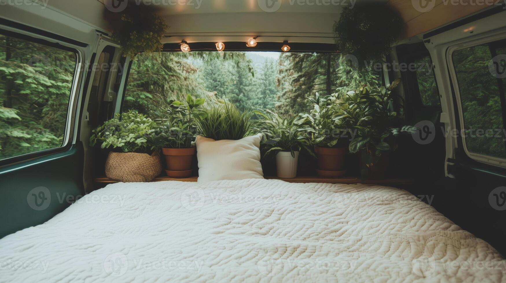 A bed in the back of a van with plants photo