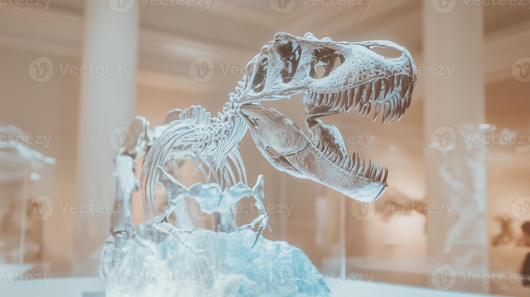 A dinosaur skeleton is displayed in a museum photo