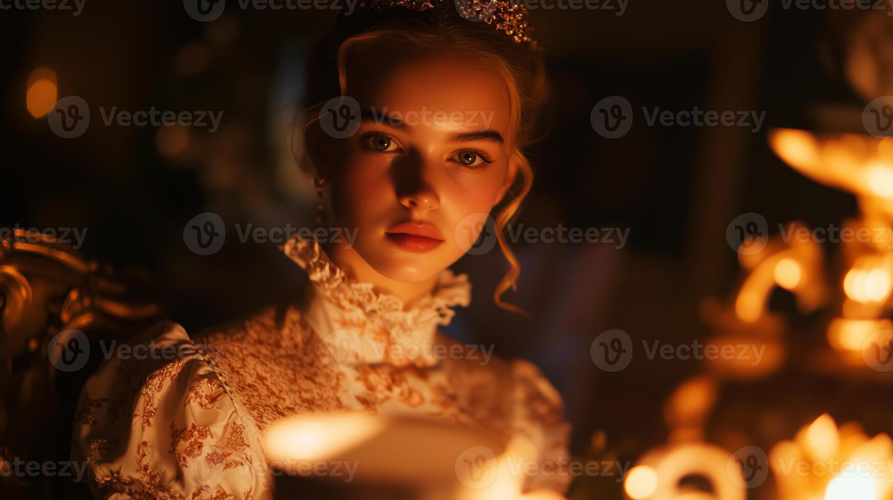A beautiful woman in a dress with a crown on her head photo