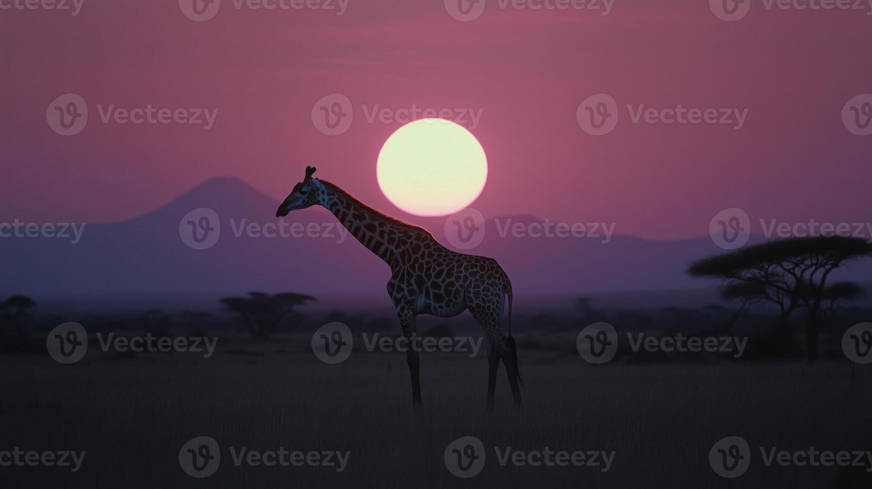 A giraffe standing in the middle of a field at sunset photo