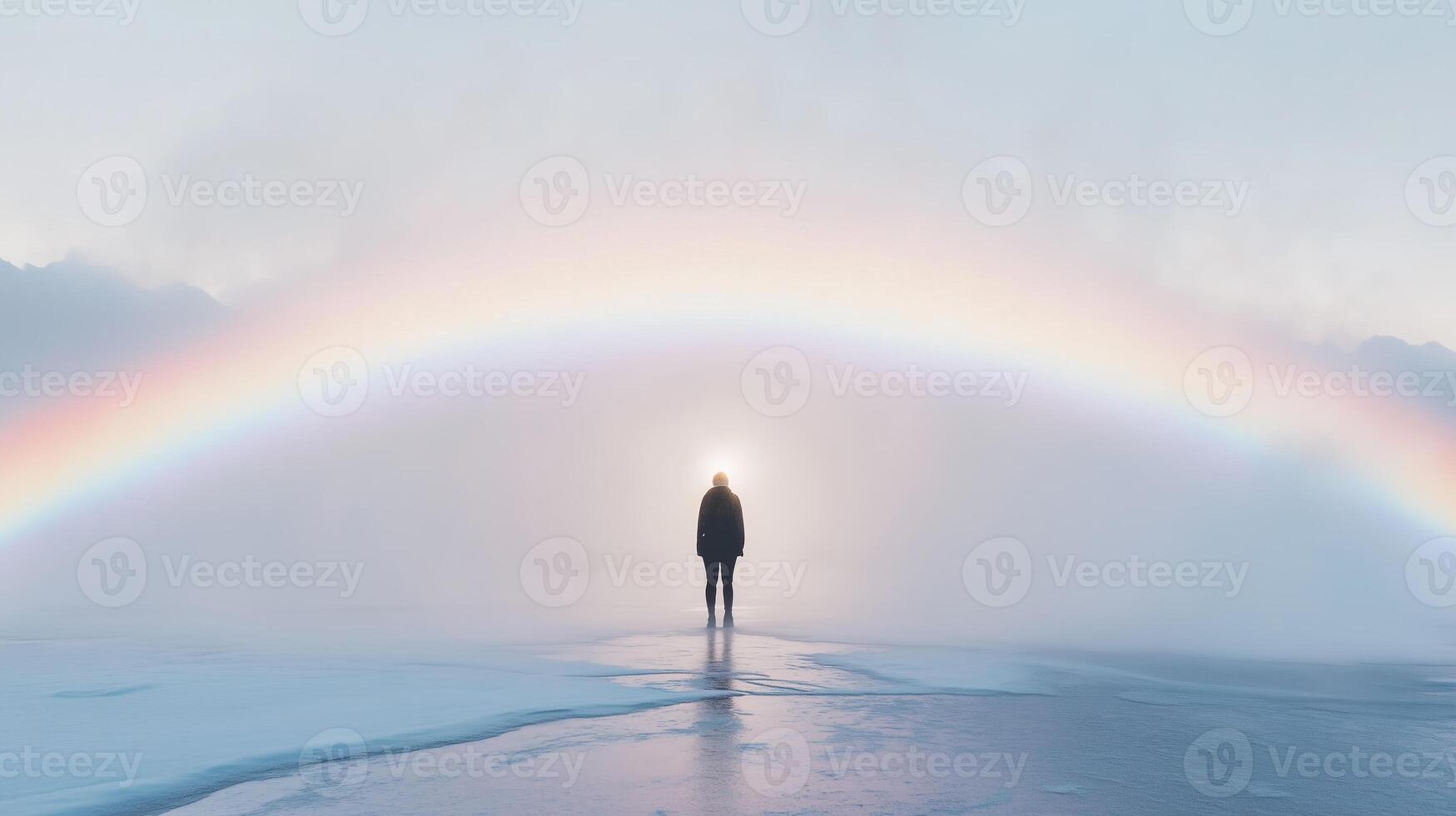 A person standing in front of a rainbow photo