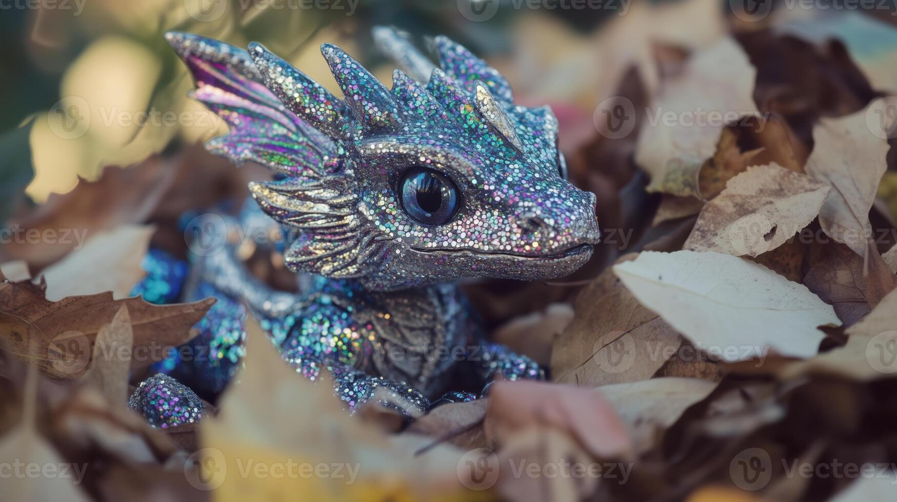 A small dragon toy sitting in leaves photo