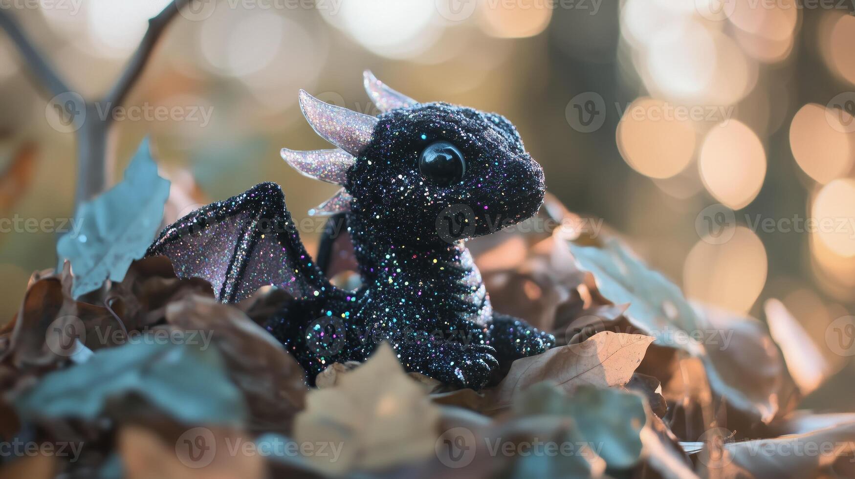 A black dragon toy sitting on leaves photo