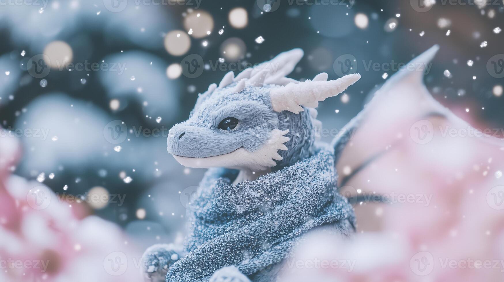 A stuffed dragon in the snow photo